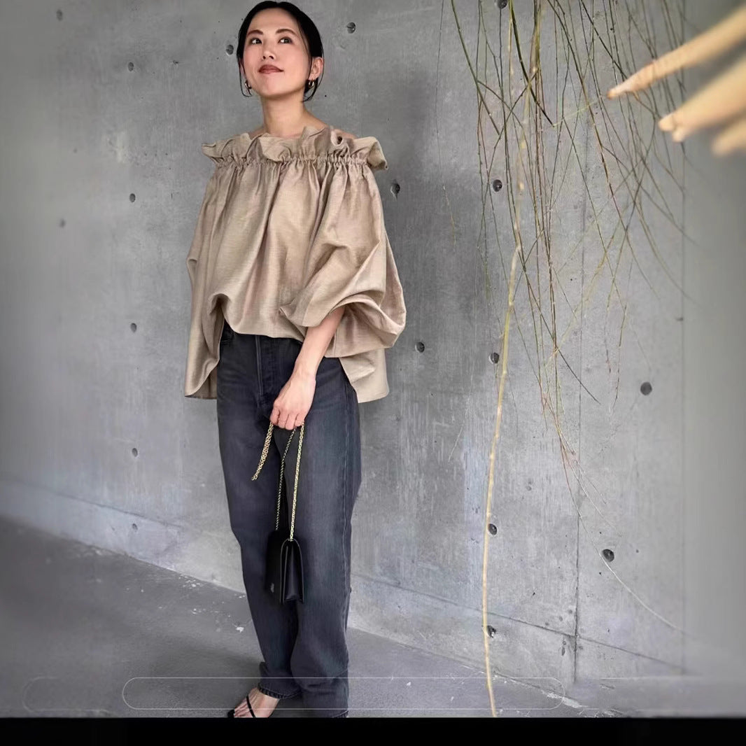 Spring and summer retro age-reducing lotus leaves, one-word shoulder collar, two tops, loose and thin casual semi-transparent shirts