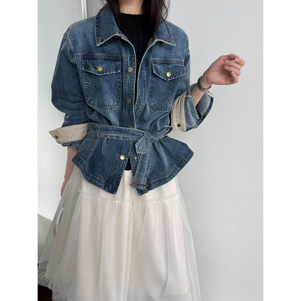 Vintage washed denim jacket women's spring new lapel lace-up waist jacket top