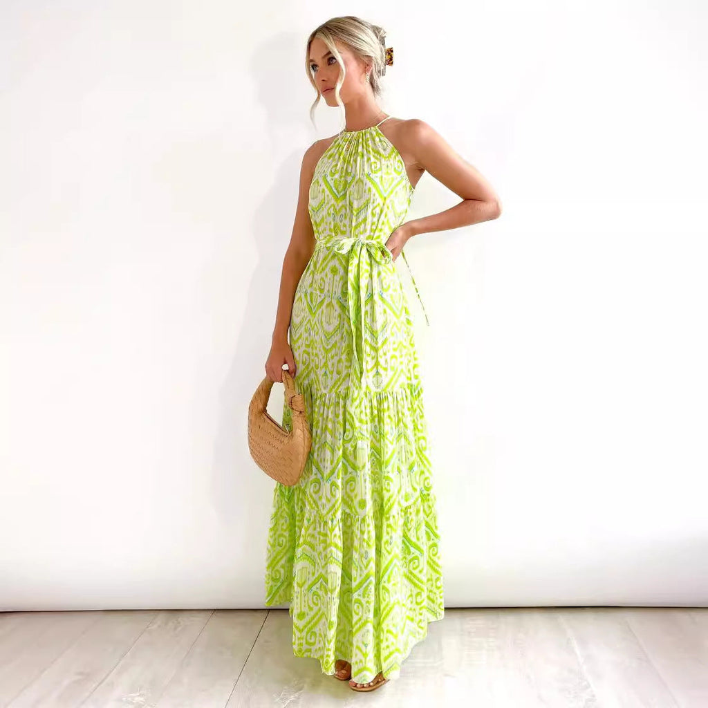 Summer new high-waisted vacation beach print neck dress