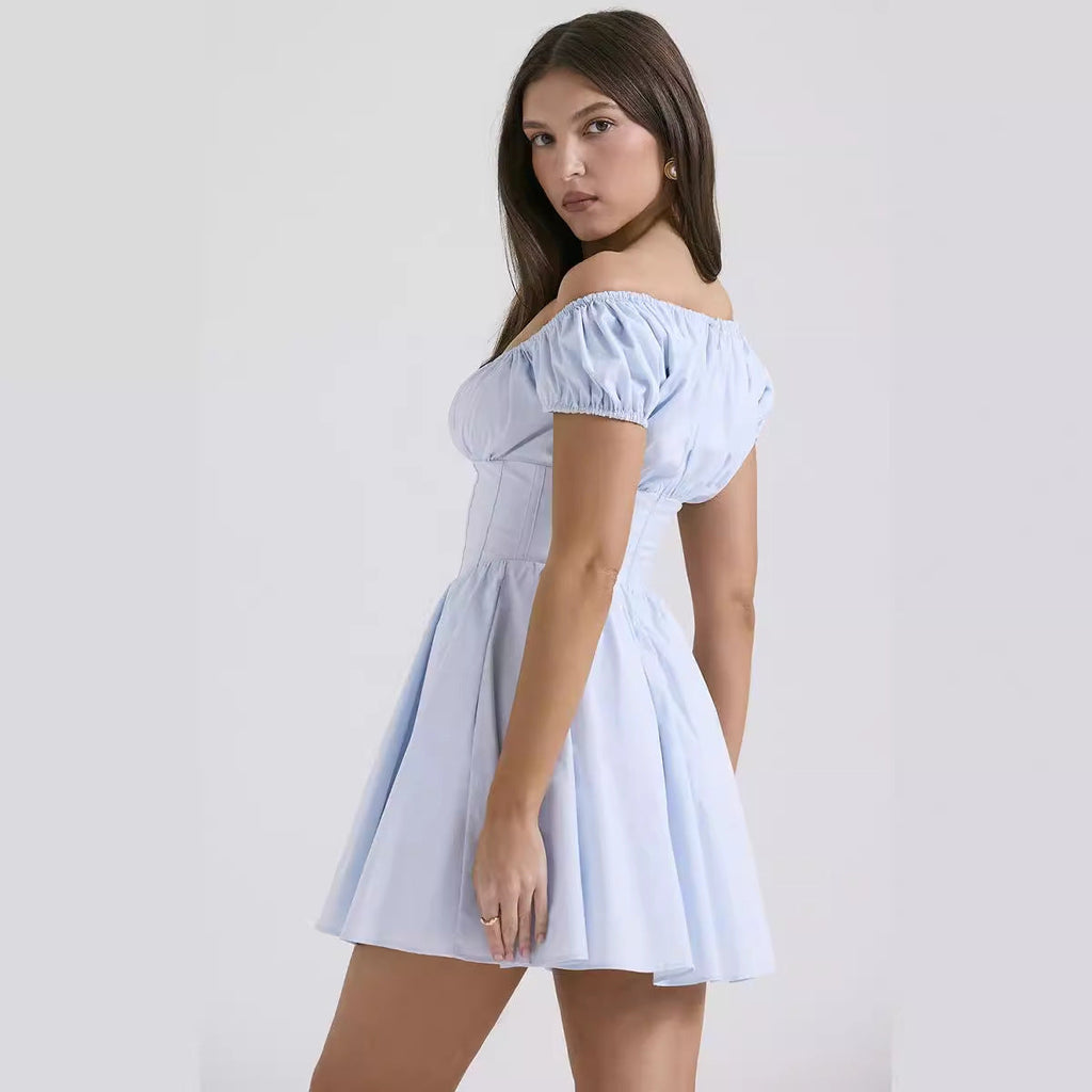Bubble sleeves waist button short dress