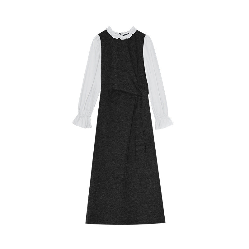 Gentle temperament waist long-sleeved knitted splicing dress