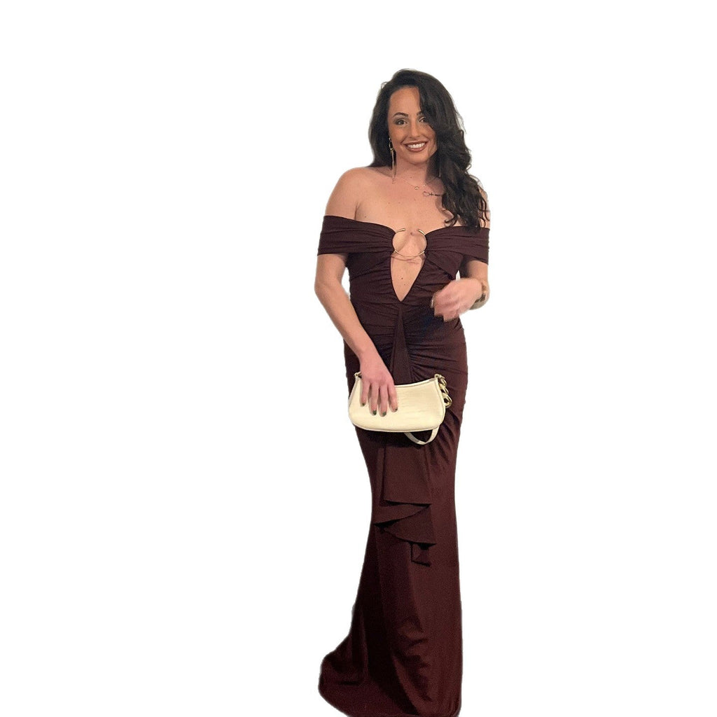 Splicing Ribbon Long Dress Dress Wind Dress Vacation Style One-word Shoulder Buttocks Dress
