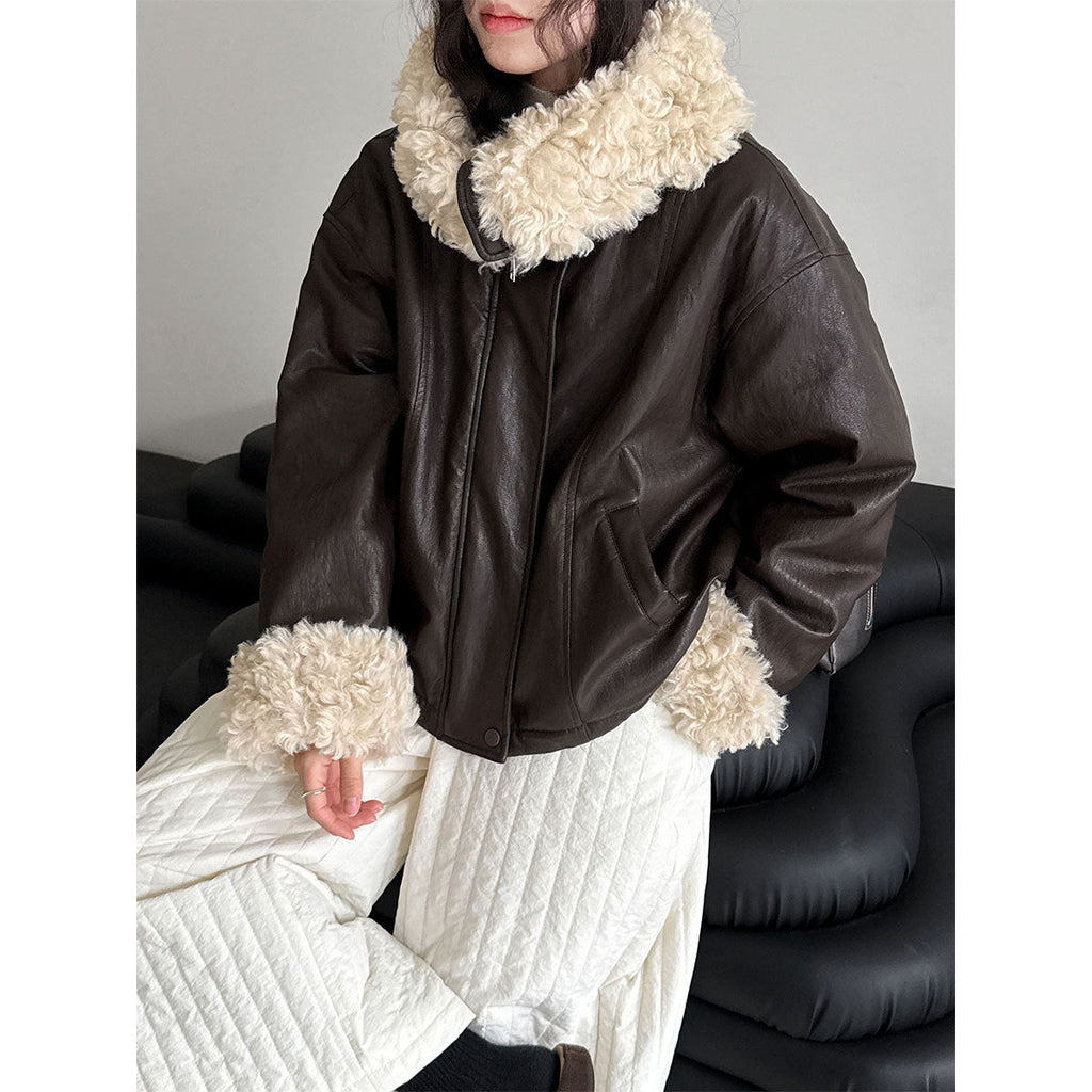 Large lapel lamb wool short thickened leather jacket women's winter three-star 90 white duck down parker down jacket