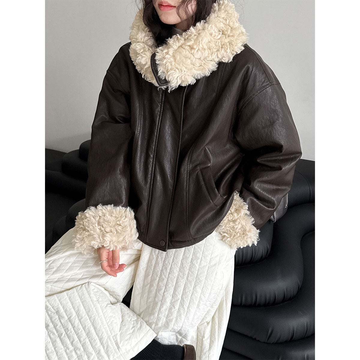 Large lapel lamb wool short thickened leather jacket women's winter three-star 90 white duck down parker down jacket