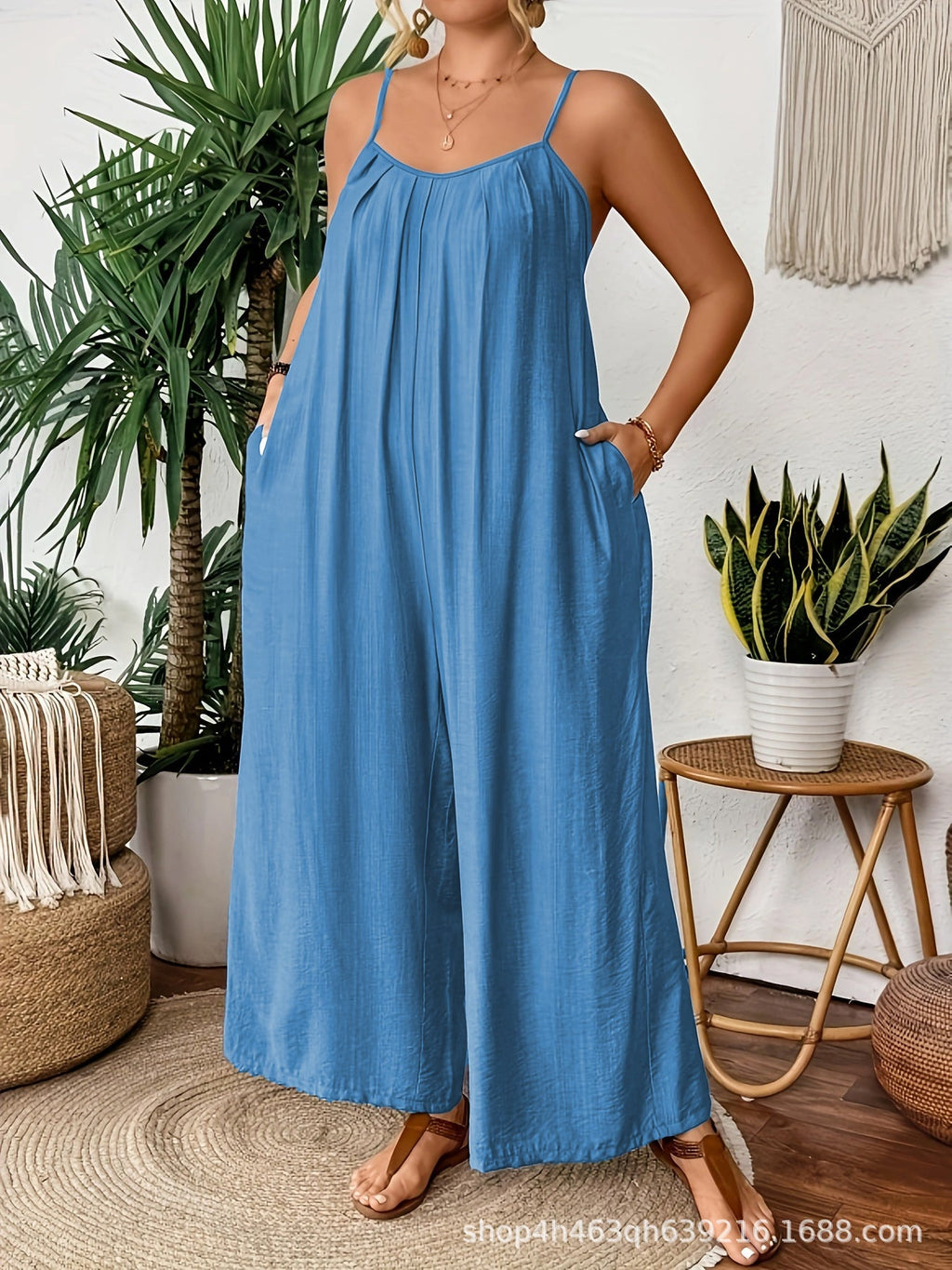 New large size solid color pocket temperament casual suspender wide leg jumpsuit