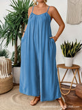 New large size solid color pocket temperament casual suspender wide leg jumpsuit