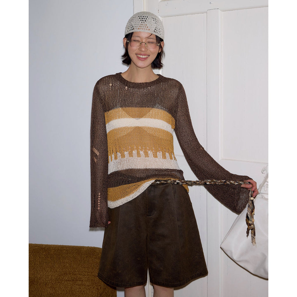 Contrasting color hollow sunscreen knitted sweater literary loose stacking top