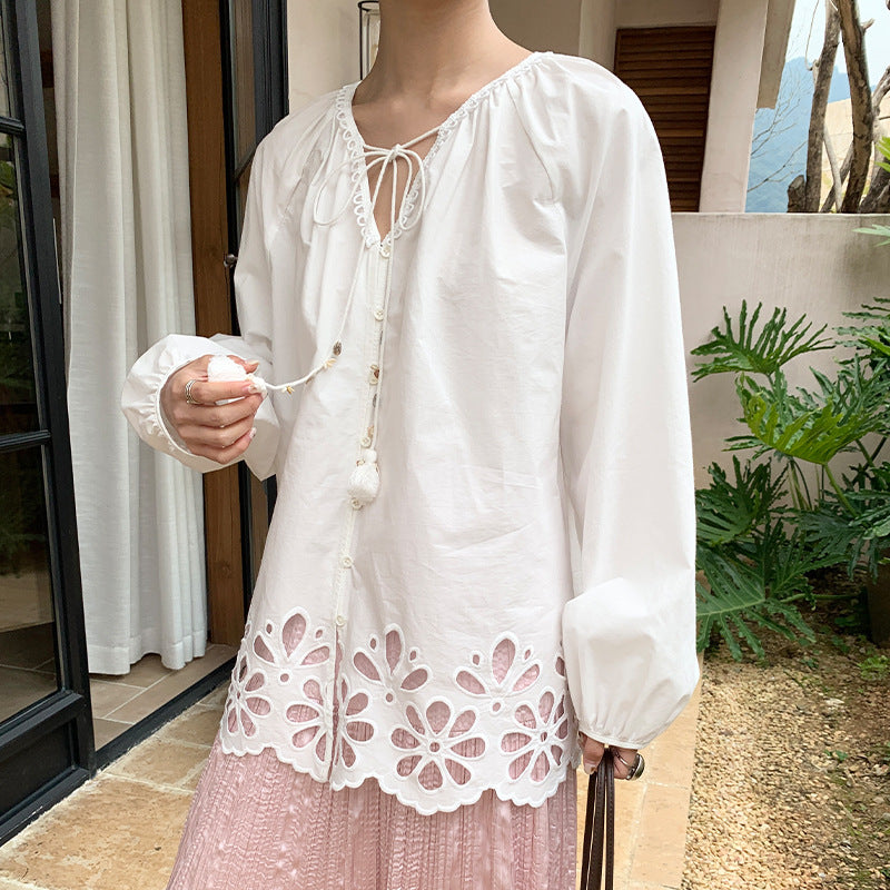 White embroidered shirt women's spring and summer loose and thin lace-up V-neck lantern sleeve top