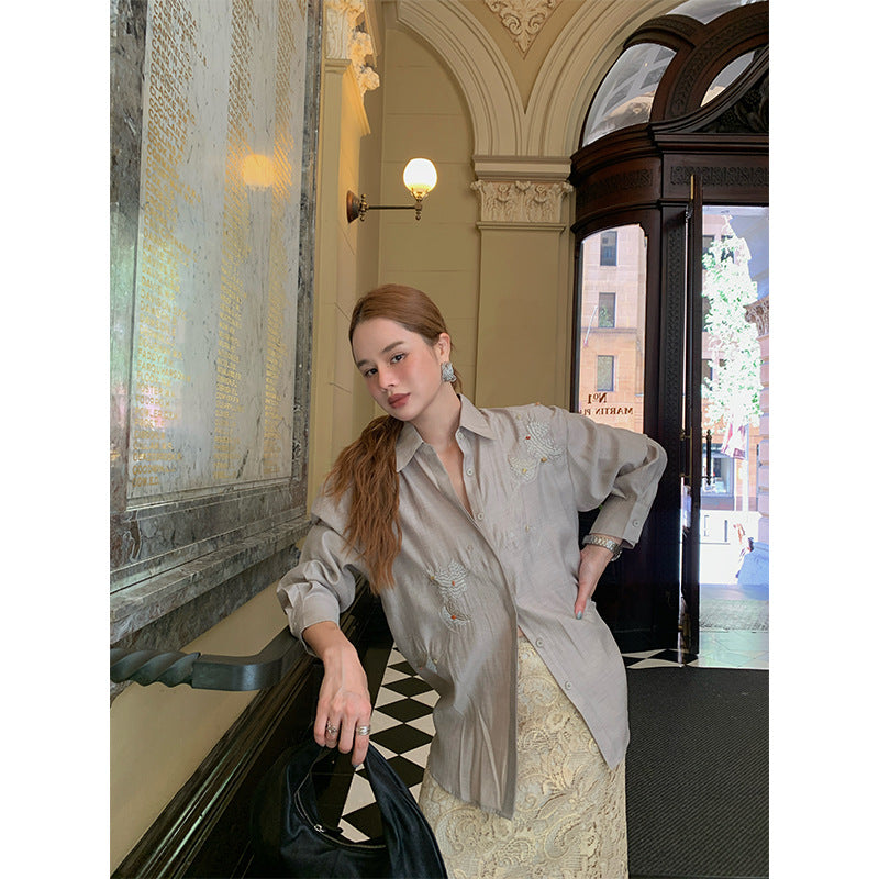 Chinese retro national style heavy industry embroidered acetate long-sleeved shirt