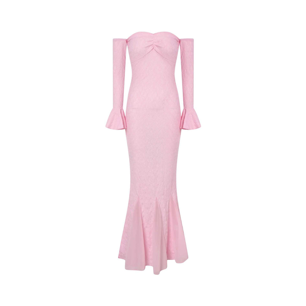 Stylish sexy flared sleeve tube top one-word shoulder dress mesh lace fishtail dress