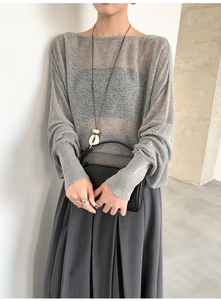 Spring and summer skin care thin one-word neck loose long-sleeved knitted blouse