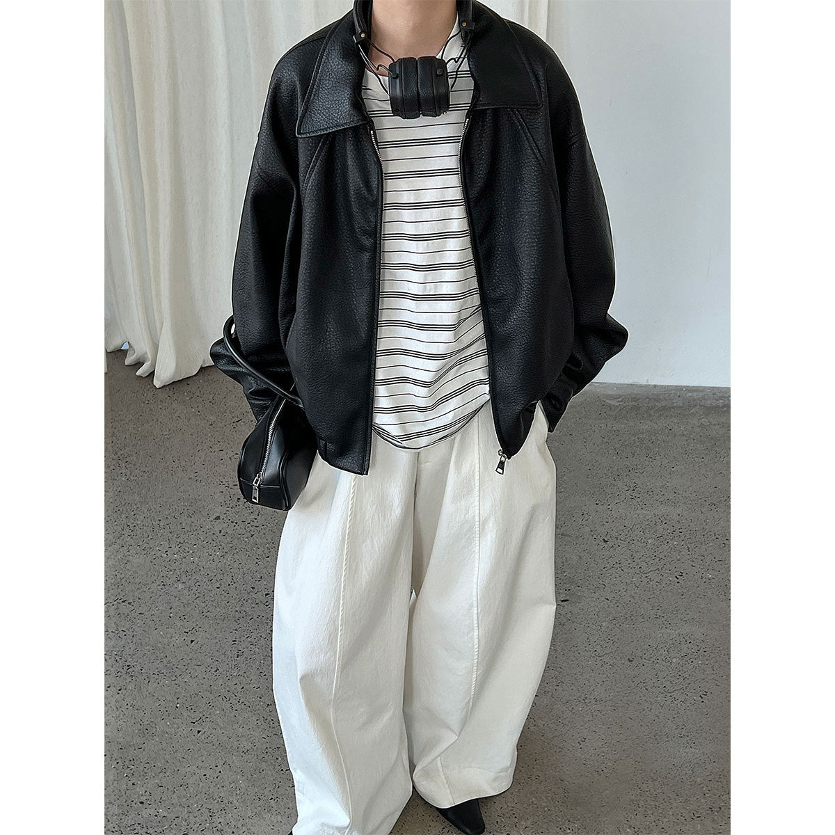 Korean classic locomotive texture lychee leather jacket autumn basic zipper jacket