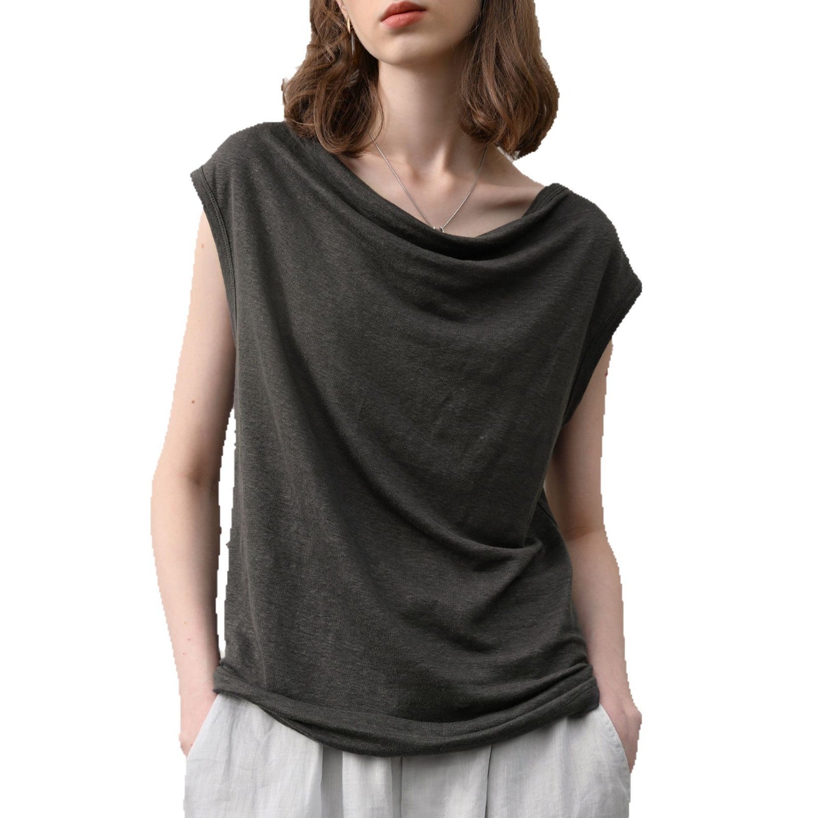 Hemp Sleeveless Top Women Slim Fit Swing Collar Knitted Shirt