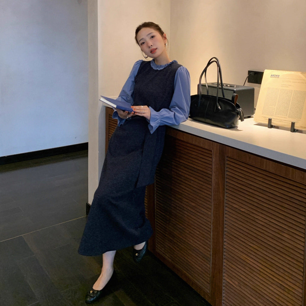 Gentle temperament waist long-sleeved knitted splicing dress