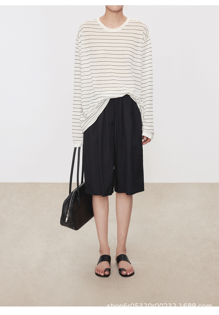 Striped Sweater Set Women Loose Fit Round Neck Long Sleeve Triacetate Cotton