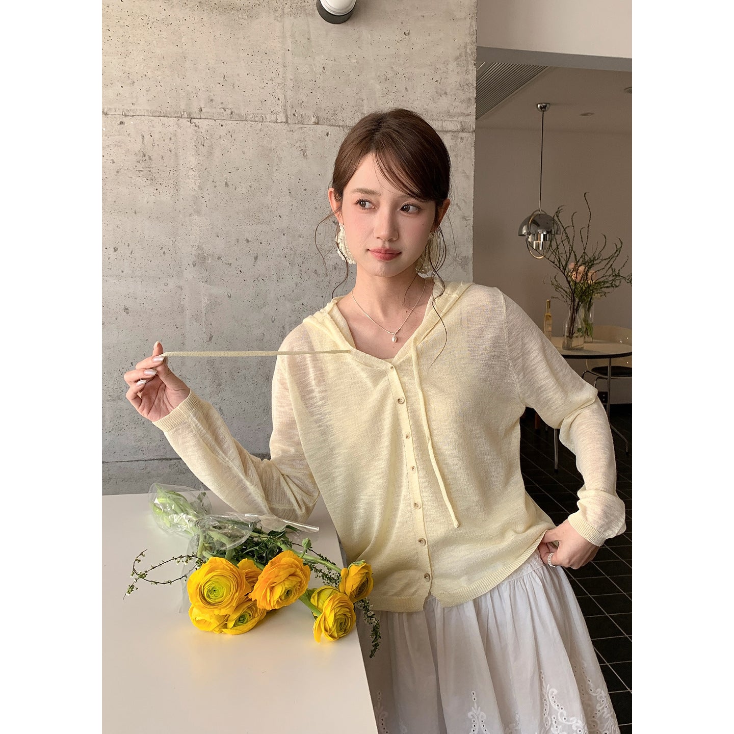 Hooded Fake Two-Piece Tencel Knit Pullover Sweater