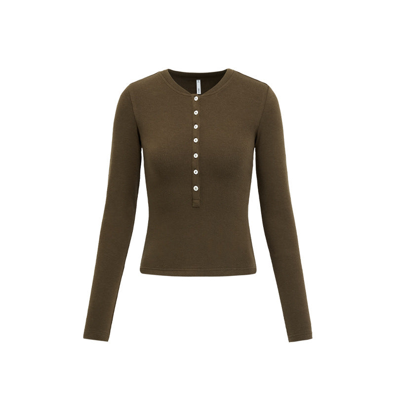 Henley Collar Slim Top Women Round Neck Long Sleeve Fitted T-Shirt