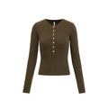 Henley Collar Slim Top Women Round Neck Long Sleeve Fitted T-Shirt