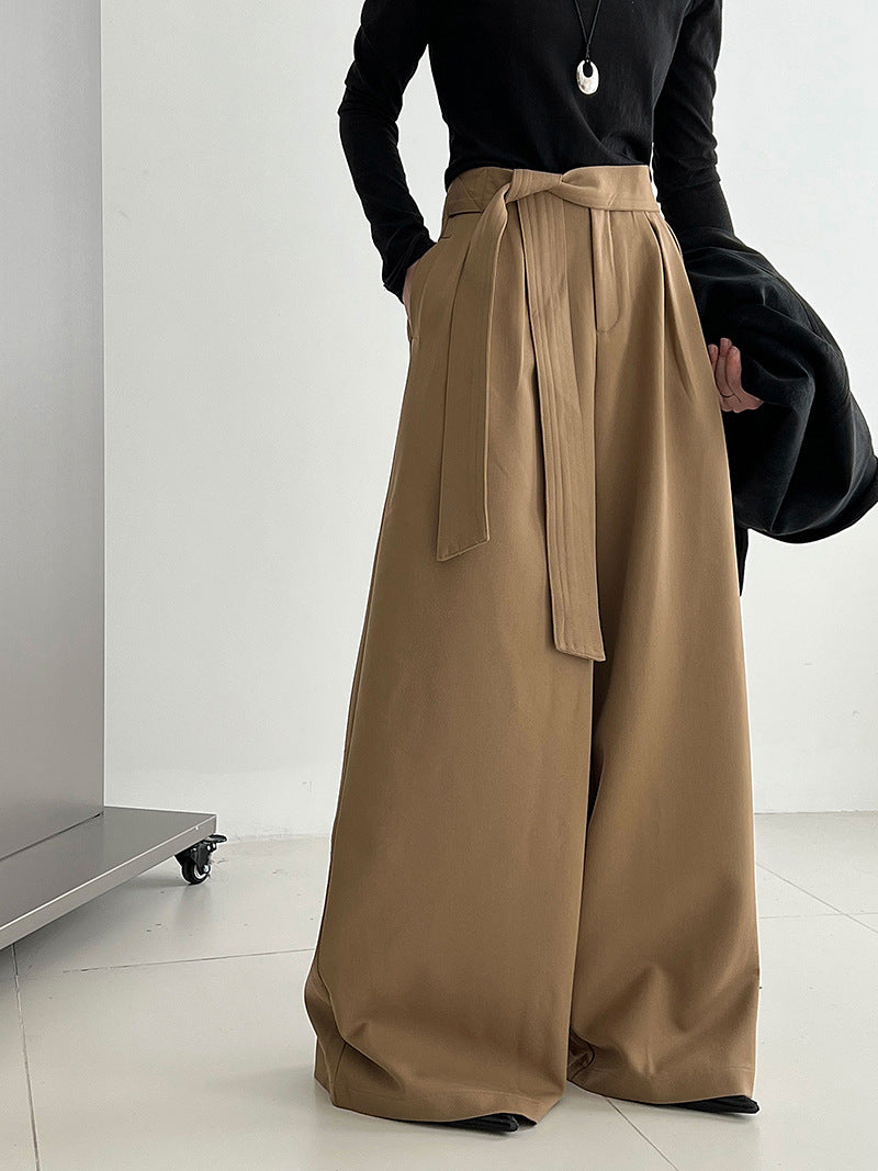 Vintage design straps three-dimensional pleated wide-leg pants autumn casual straight trousers