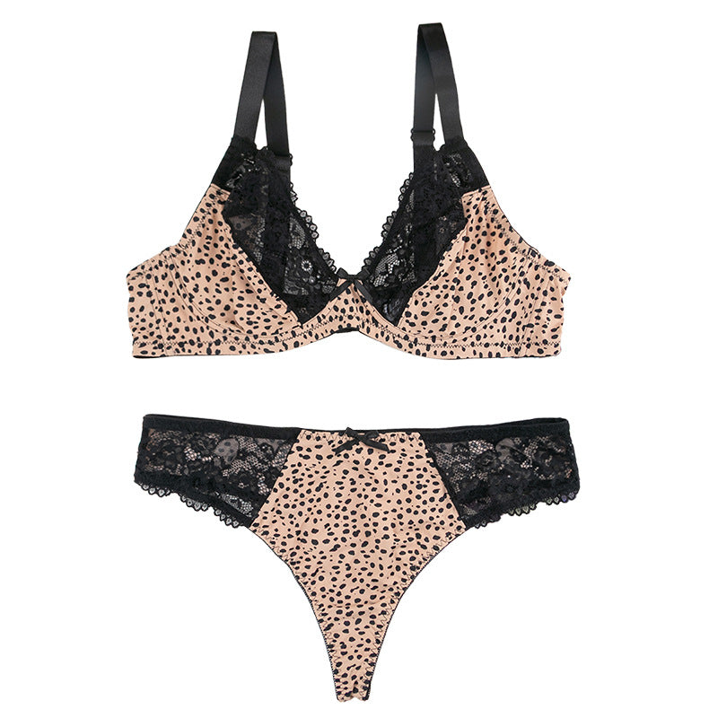 New sexy leopard print large size underwear women's ultra-thin lace printing gathering breathable bra set