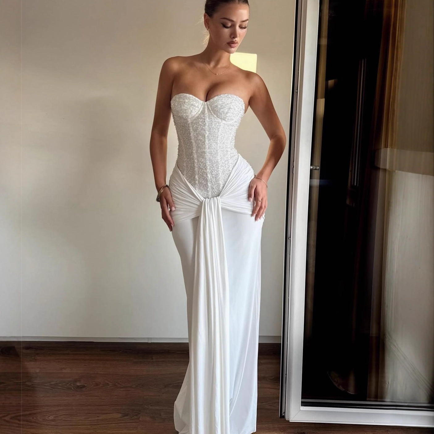 Fashion hottie sexy dress streamer slim beaded bandeau skirt evening dress