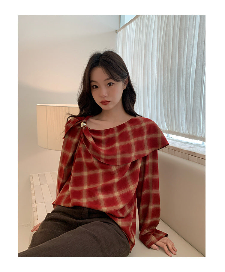Plaid niche long-sleeved ruffle edge pullover collar shirt women