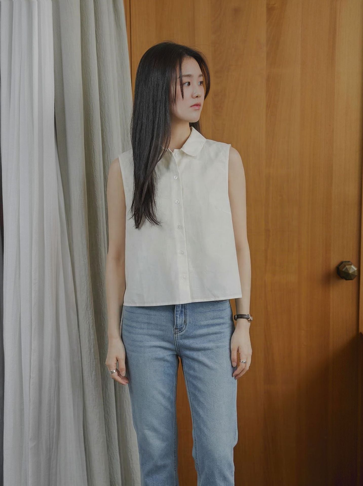 Commuter lapel texture sleeveless shirt summer lapel shirt