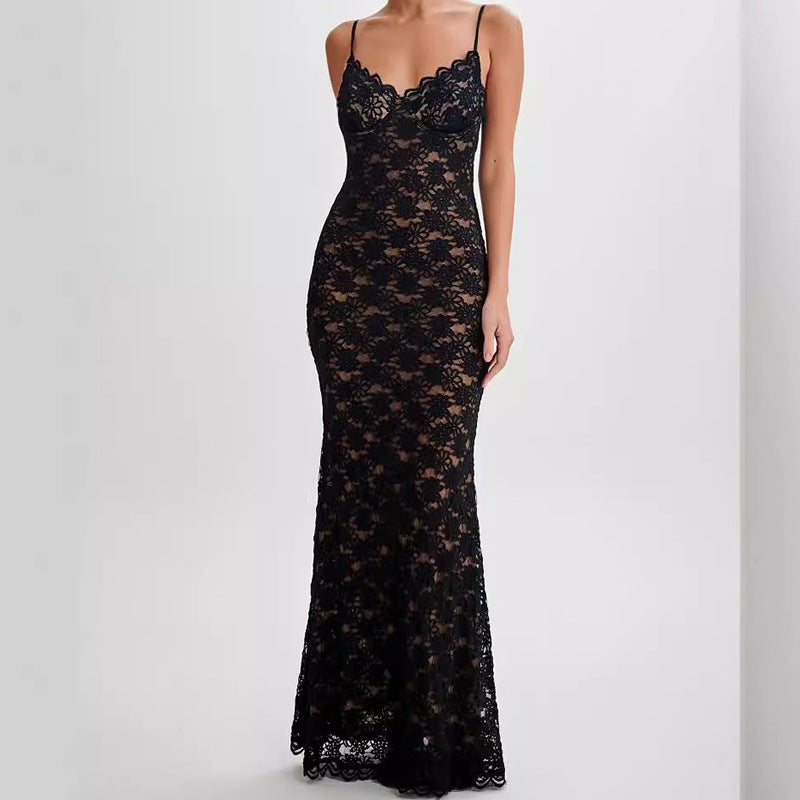 Hollow Lace Dress Female Slim Vacation Style Spice Girl Sexy Suspender Hip Bag Dress