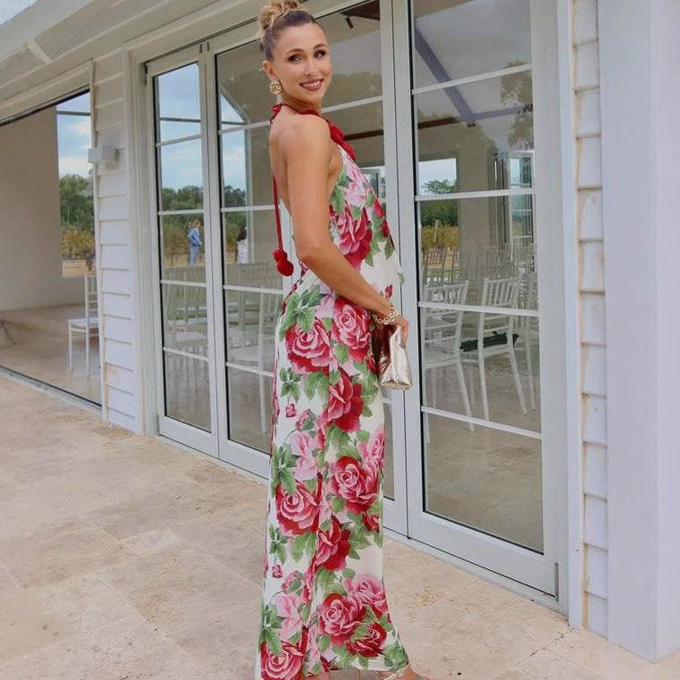 Sexy hanging cloth dress three-dimensional flower fashion off-the-shoulder long printed dress