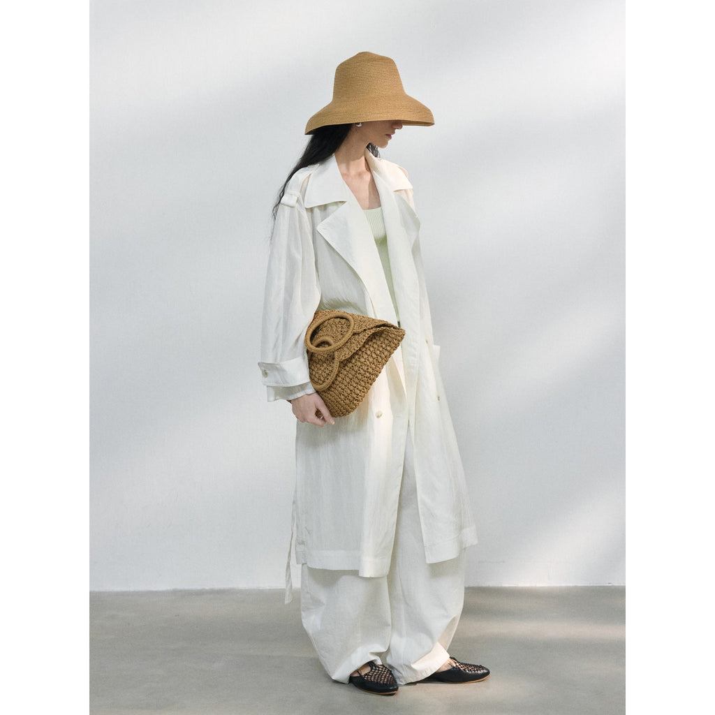 Spring new design double-breasted corner-cut sleeves satin lightweight trench coat