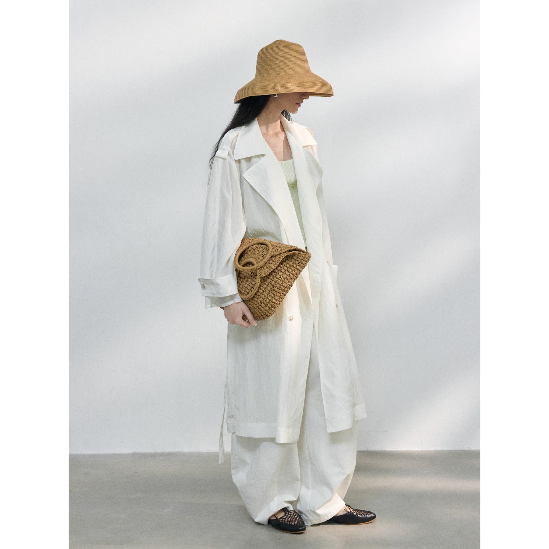 Spring new design double-breasted corner-cut sleeves satin lightweight trench coat