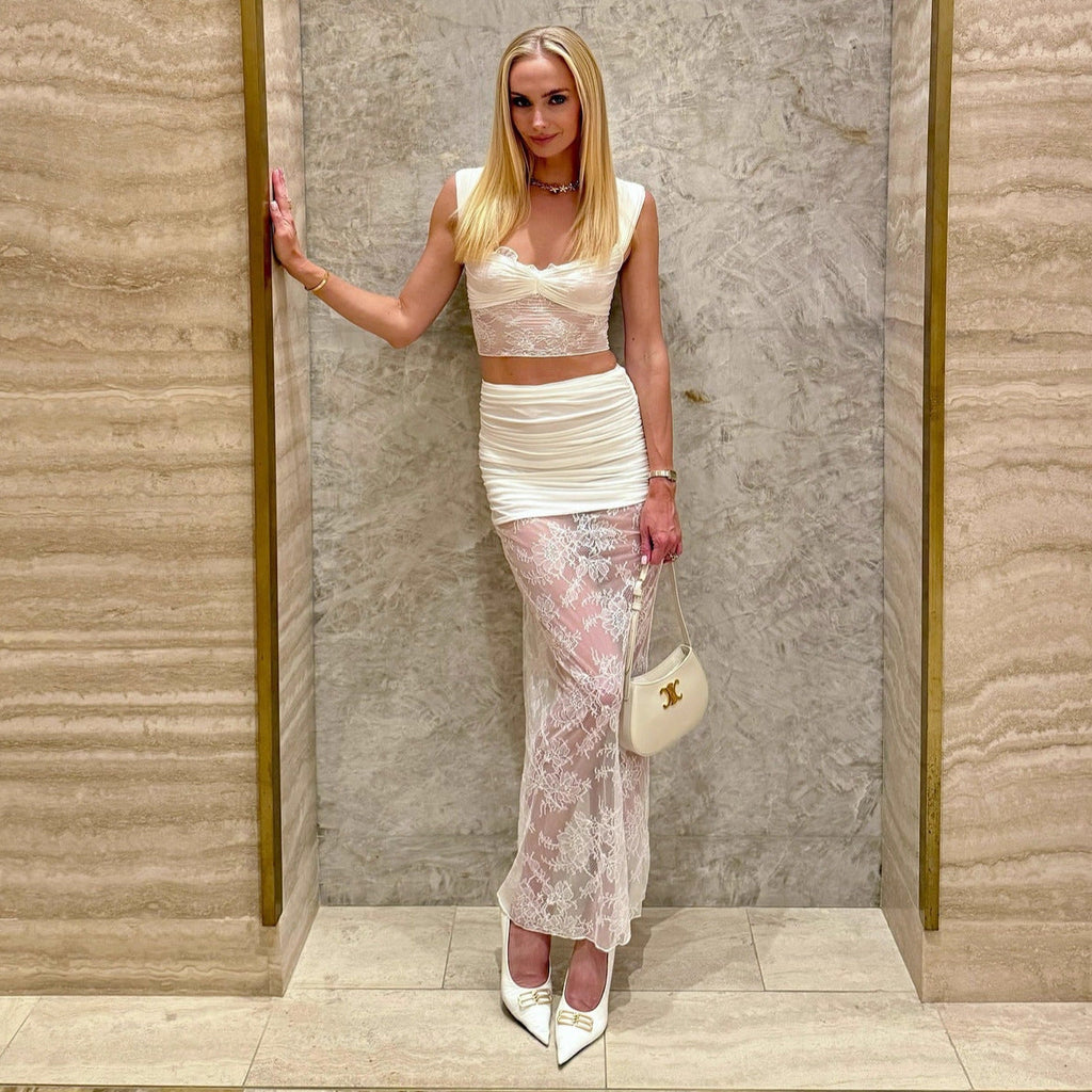 Fashion temperament lace suit skirt sexy hottie see-through top skirt two-piece suit women