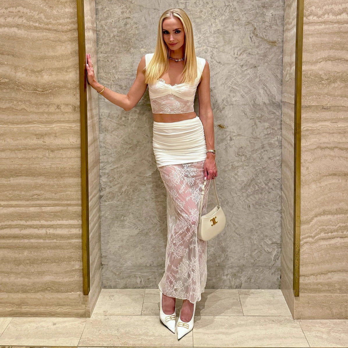 Fashion temperament lace suit skirt sexy hottie see-through top skirt two-piece suit women