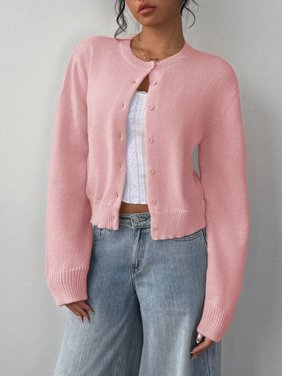 Autumn and winter round neck threaded long-sleeved button women's cardigan jacket sweater soft waxy short loose and thin