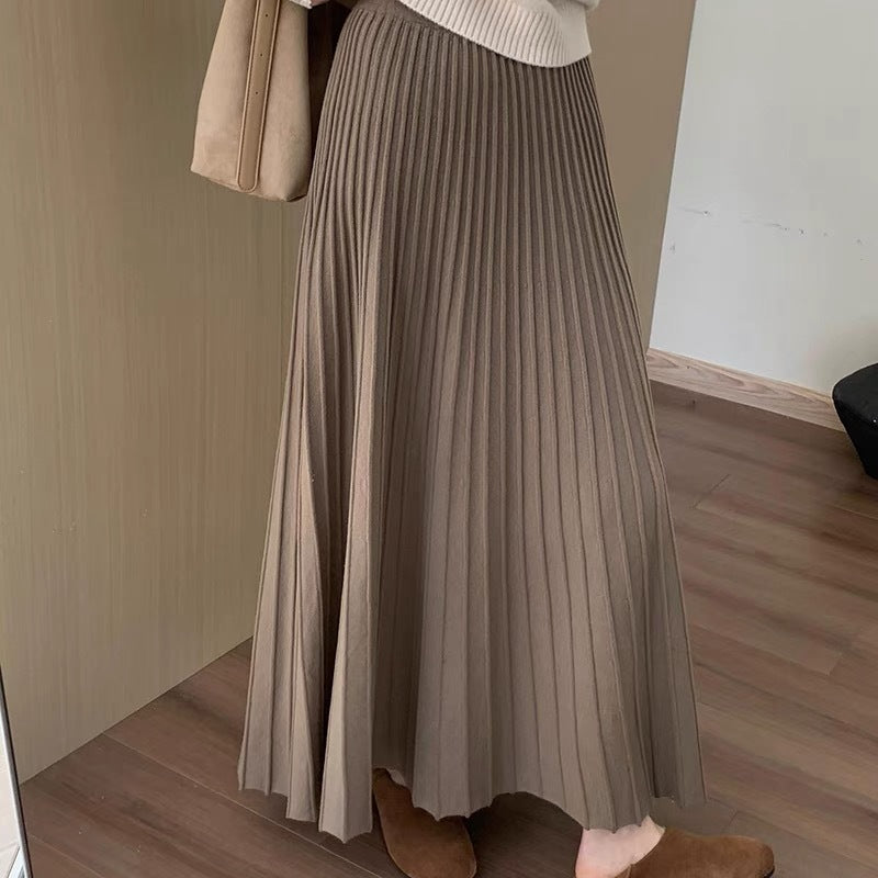 High waist and thin medium and long thickened pleated knitted skirt