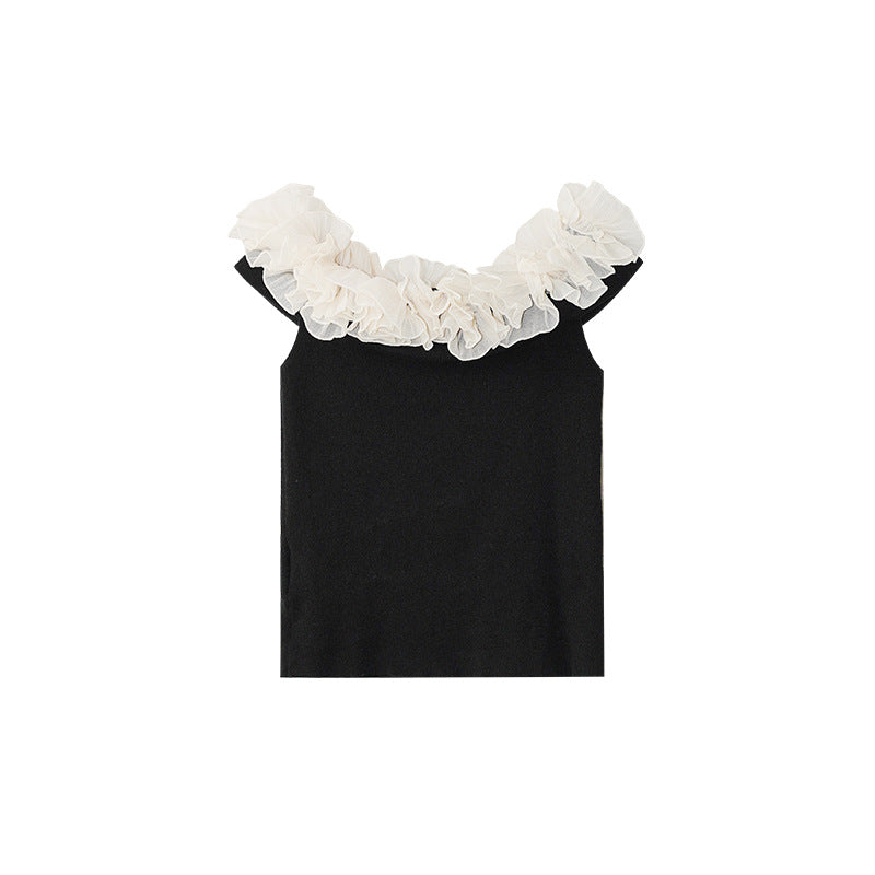 Sweet contrasting lotus leaf lace one-word shoulder short-sleeved t-shirt