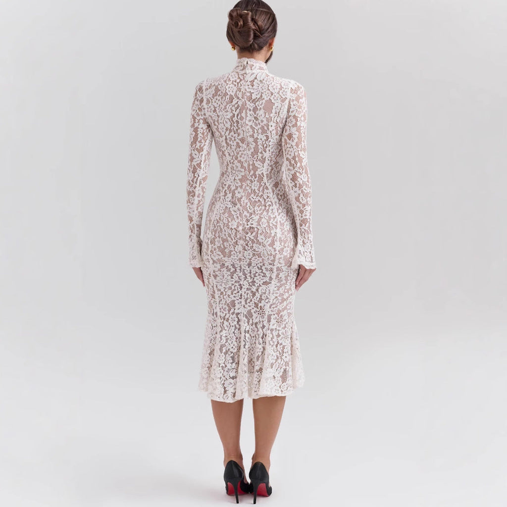 New women's clothing fashionable and sexy hollow lace hip-wrapped long dress perspective slim dress women
