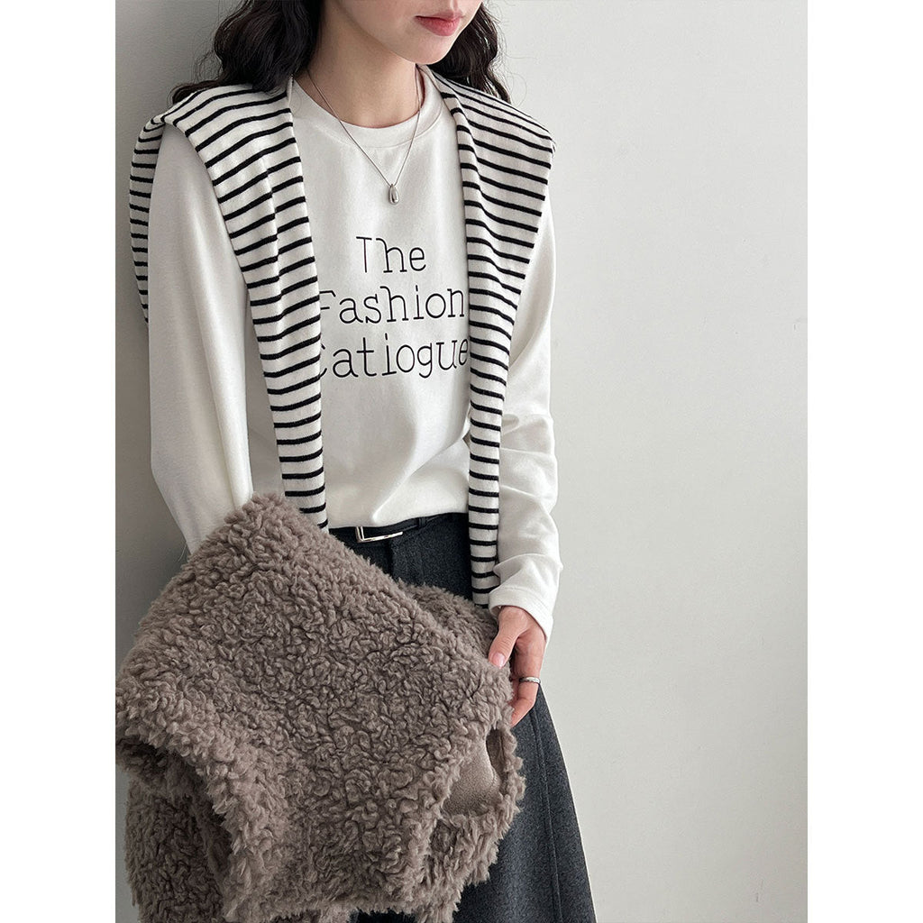 Korean printed letter double-sided velvet long-sleeved bottoming shirt women's winter round neck skin-friendly elastic top