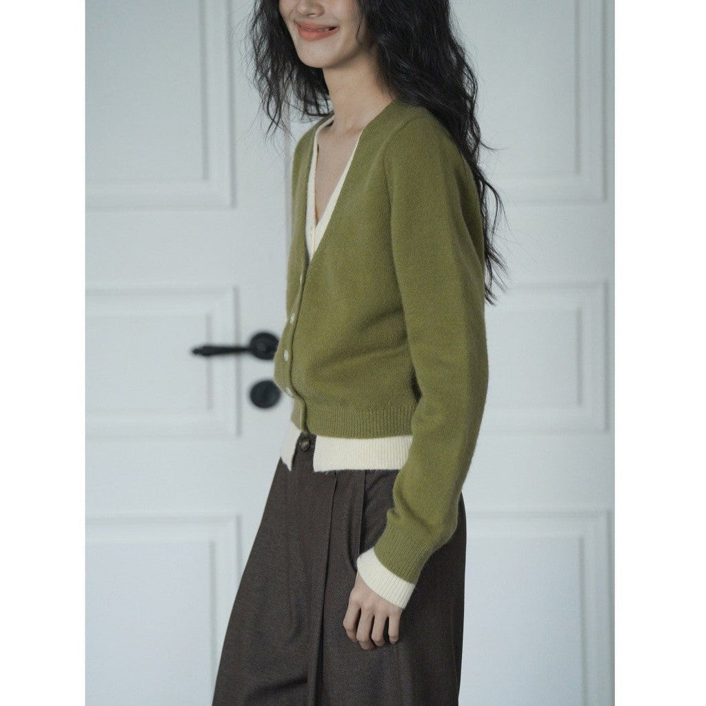 Green Layered Look Knit Cardigan | Women's Slim Spring Sweater Top