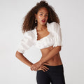 Casual super short top with wooden ear edge decorative button-up wooden ear edge sexy exposed button shirt