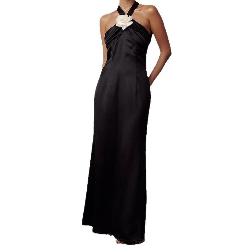 Halter Sexy Flower Satin Ice Silk Long Dress Neck Dress Elegant Sleeveless