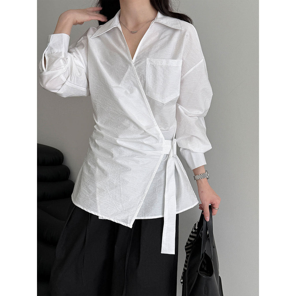 French design sense irregular cross strap shirt women's autumn new niche pleated top