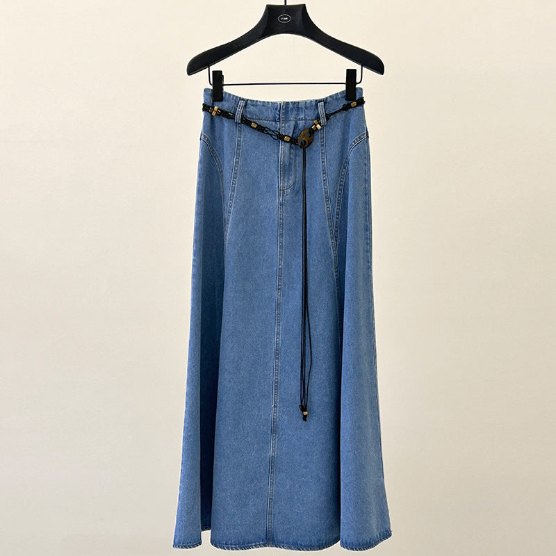 Retro denim skirt a-character spring with waist rope design sense thin big swing dress