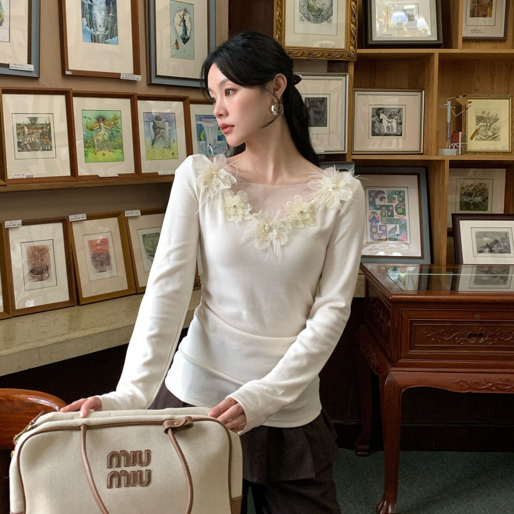 Mesh stitching slim long-sleeved bottoming shirt
