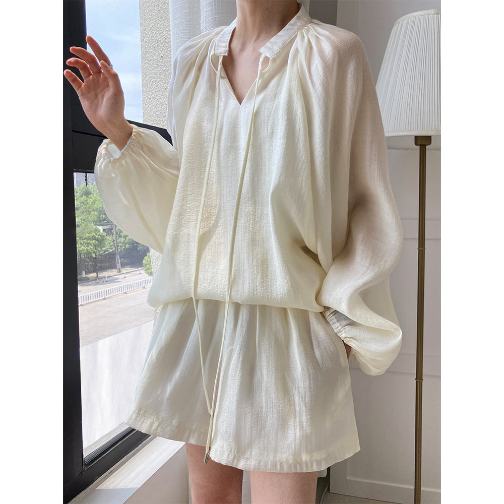 Summer fashion sports and leisure lace-up long-sleeved sunscreen + wide-leg shorts set two-piece set