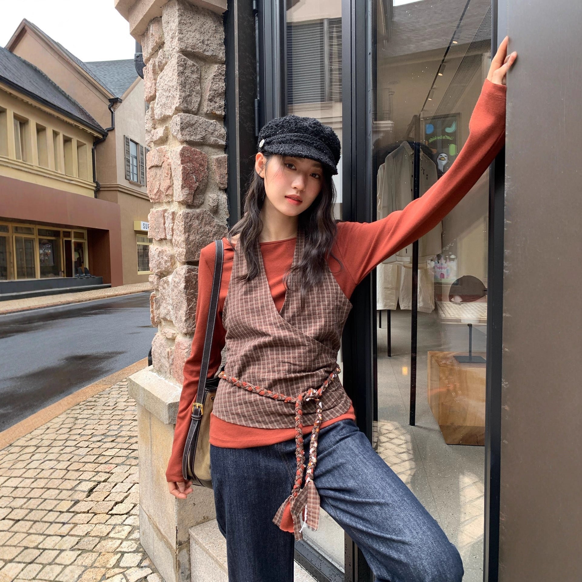 Plaid strap neck vest two-piece long-sleeved t-shirt
