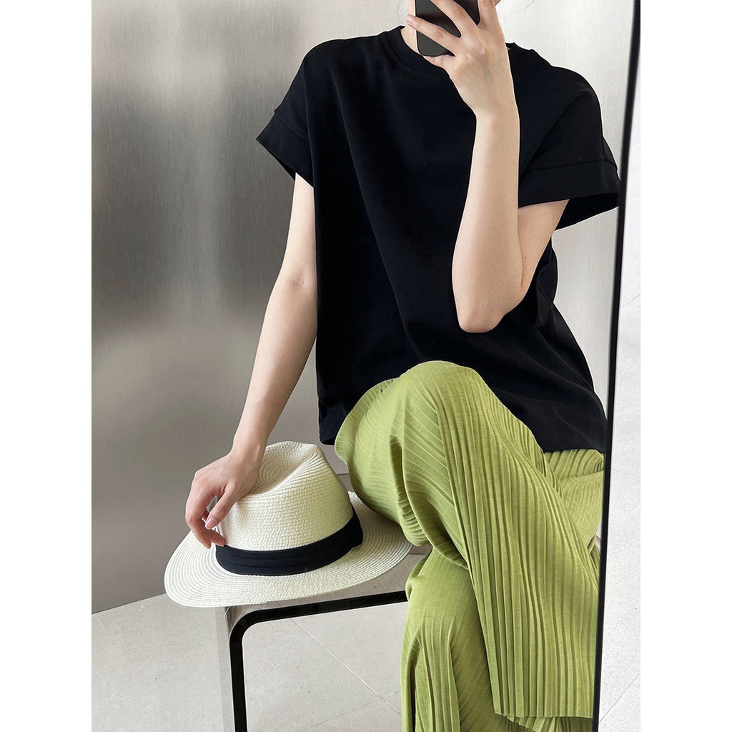 Silhouette Right Angle Shoulder Short Sleeve T-Shirt Women's Summer Loose Design Bat Sleeve T-Shirt Top