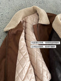 Vintage suede faux leather patchwork cropped jacket - women's winter warm cotton padded outerwear top 8556