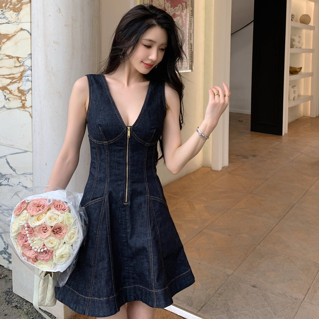 Denim Dress Women V-Neck Sleeveless High Waist A-Line Short