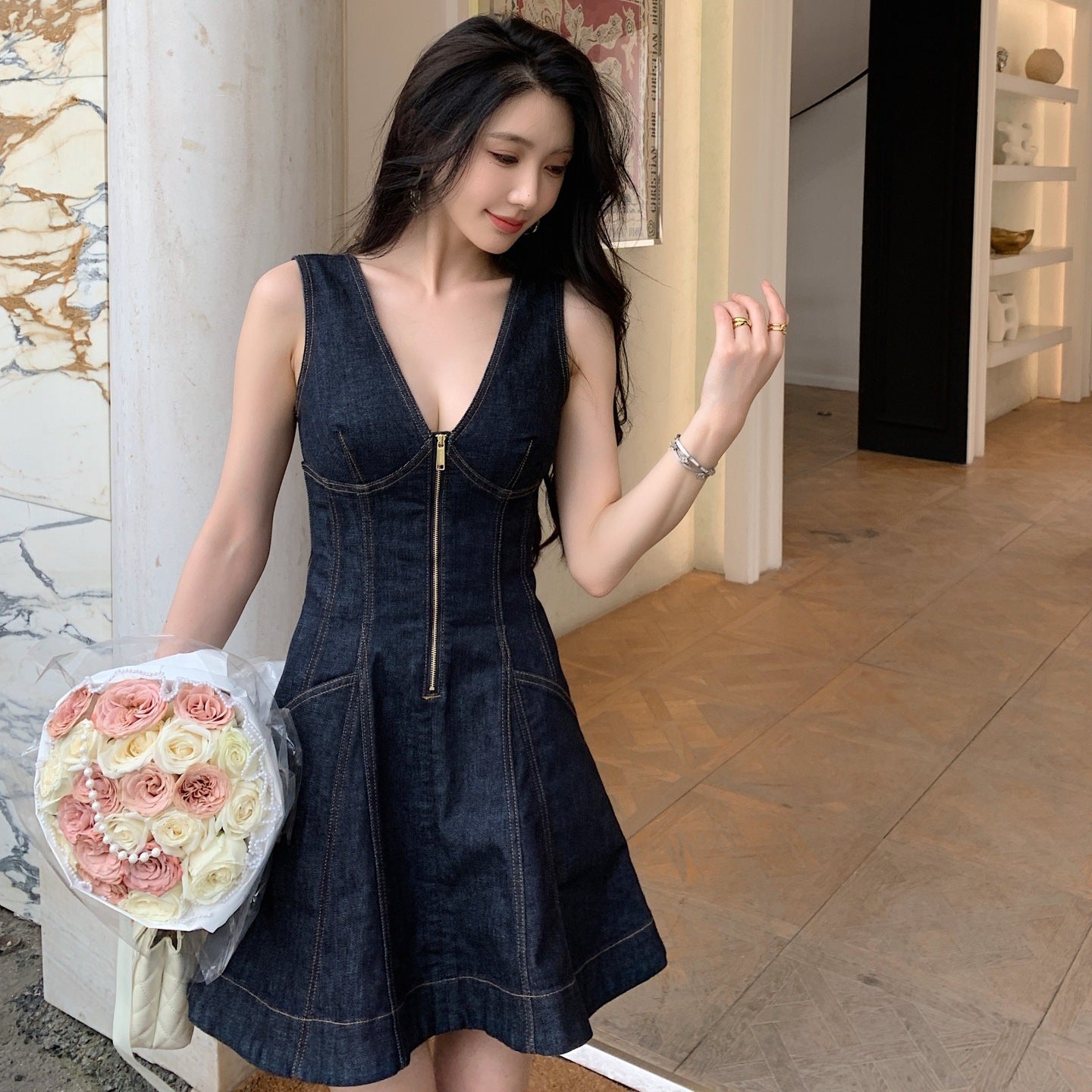 Denim Dress Women V-Neck Sleeveless High Waist A-Line Short